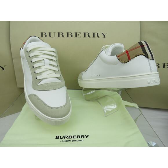 NIB BURBERRY ROBIN WHITE BEIGE CHECK LEATHER LOW LOGO SNEAKERS US 7 40 IT $870 - Picture 6 of 13